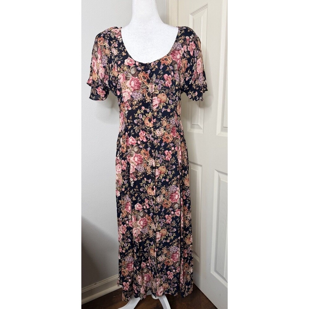 Starina Maxi Dress Medium Floral Button Front Short Sleeve Rayon Cottagecore - Picture 2 of 16